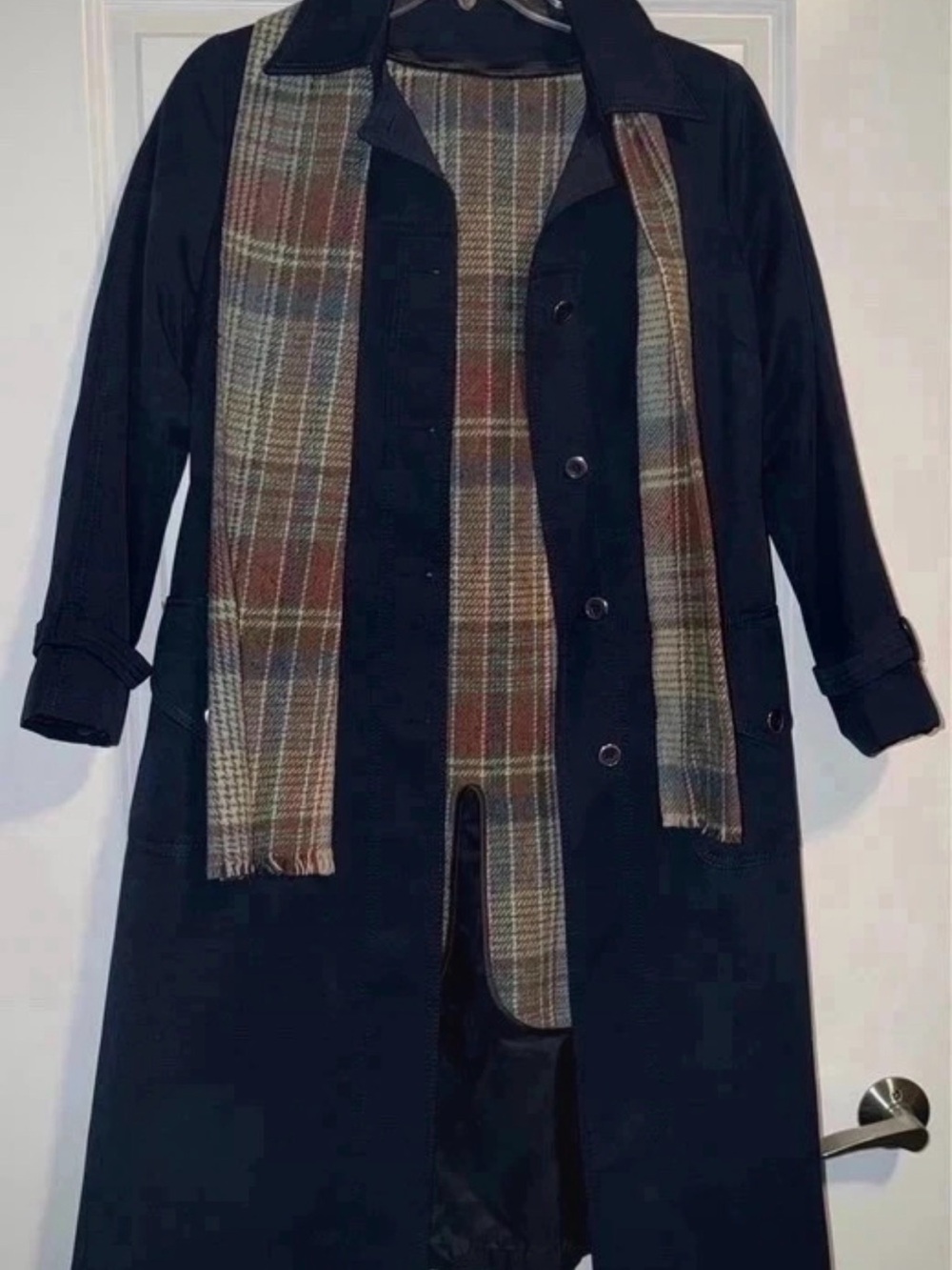 Vintage 1970s Women’s  Blue Trench Coat with Plaid Lining and Scarf